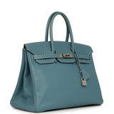 Pre-owned Hermes Birkin 35 Blue Jean Epsom Palladium Hardware - Thumbnail View 2
