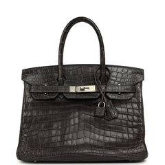 Vintage Hermes Travel Birkin 30 Graphite Matte Niloticus Crocodile Brushed Palladium Hardware