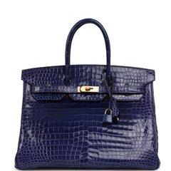 Pre-owned Hermes Birkin 35 Bleu Electric Shiny Porosus Crocodile Gold Hardware