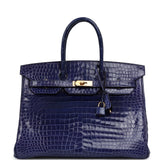 Pre-owned Hermes Birkin 35 Bleu Electric Shiny Porosus Crocodile Gold Hardware - Thumbnail View 1