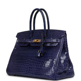 Pre-owned Hermes Birkin 35 Bleu Electric Shiny Porosus Crocodile Gold Hardware - Thumbnail View 5