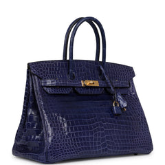 Pre-owned Hermes Birkin 35 Bleu Electric Shiny Porosus Crocodile Gold Hardware