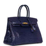 Pre-owned Hermes Birkin 35 Bleu Electric Shiny Porosus Crocodile Gold Hardware - Thumbnail View 2