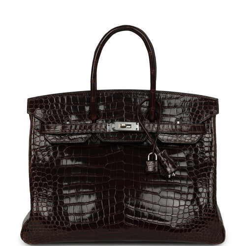 Vintage Hermes Birkin 35 Havane Shiny Porosus Crocodile Palladium Hardware