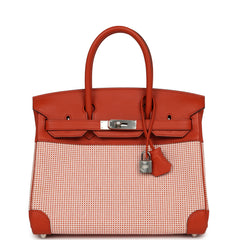 Pre-owned Hermes Quadrille Birkin 30 Terre Battue, Brique, Mauve Pale, Ecru Swift, Toile Palladium Hardware