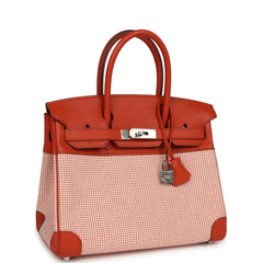 Pre-owned Hermes Quadrille Birkin 30 Terre Battue, Brique, Mauve Pale, Ecru Swift, Toile Palladium Hardware