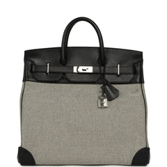 Pre-owned Hermes Birkin HAC 40 Black Evercolor, Ecru-Black Criss Cross Toile Canvas Palladium Hardware