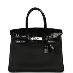 Hermes Birkin 30 Black, Bleu Marine Novillo, Shiny Niloticus Crocodile Touch Palladium Hardware