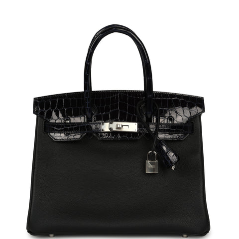 Hermes Birkin 30 Black, Bleu Marine Novillo, Shiny Niloticus Crocodile Touch Palladium Hardware