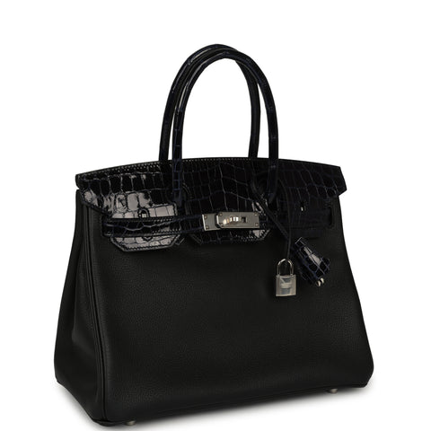 Hermes Birkin 30 Black, Bleu Marine Novillo, Shiny Niloticus Crocodile Touch Palladium Hardware