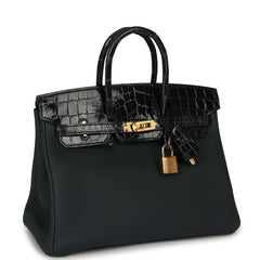 Pre-owned Hermes Birkin 25 Vert Rousseau Togo, Shiny Niloticus Crocodile Touch Gold Hardware