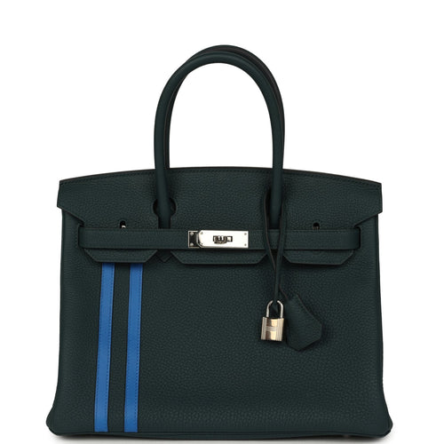 Pre-owned Hermes Officier Birkin 30 Vert Cypress, Bleu Zellige Togo Palladium Hardware