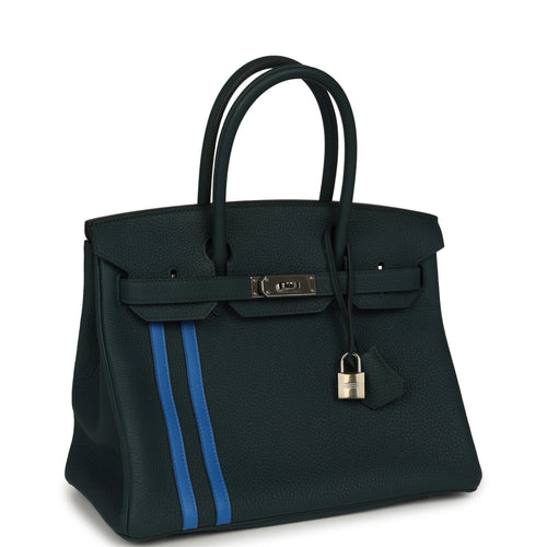 Pre-owned Hermes Officier Birkin 30 Vert Cypress, Bleu Zellige Togo Palladium Hardware