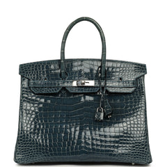 Pre-owned Hermes Birkin 35 Bleu Tempete Shiny Porosus Crocodile Palladium Hardware