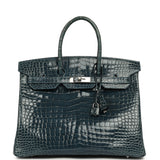 Pre-owned Hermes Birkin 35 Bleu Tempete Shiny Porosus Crocodile Palladium Hardware - Thumbnail View 1