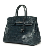 Pre-owned Hermes Birkin 35 Bleu Tempete Shiny Porosus Crocodile Palladium Hardware - Thumbnail View 5