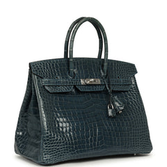 Pre-owned Hermes Birkin 35 Bleu Tempete Shiny Porosus Crocodile Palladium Hardware