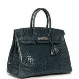Pre-owned Hermes Birkin 35 Bleu Tempete Shiny Porosus Crocodile Palladium Hardware - Thumbnail View 2