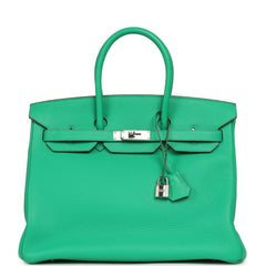Pre-owned Hermes Birkin 35 Menthe Clemence Palladium Hardware