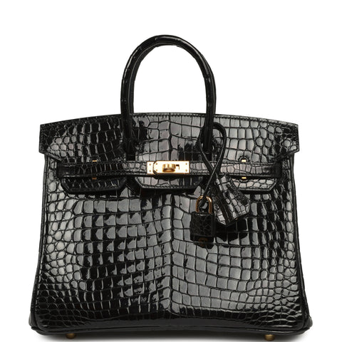Hermes Birkin 25 Black Shiny Moreletii Crocodile Gold Hardware