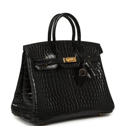 Hermes Birkin 25 Black Shiny Moreletii Crocodile Gold Hardware