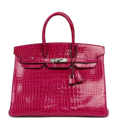 Pre-owned Hermes Birkin 35 Rose Scheherazade Shiny Porosus Crocodile Palladium Hardware