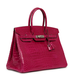 Pre-owned Hermes Birkin 35 Rose Scheherazade Shiny Porosus Crocodile Palladium Hardware