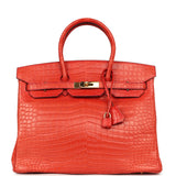 Pre-owned Hermes Birkin 35 Geranium Matte Porosus Crocodile Gold Hardware - Thumbnail View 1