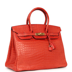 Pre-owned Hermes Birkin 35 Geranium Matte Porosus Crocodile Gold Hardware