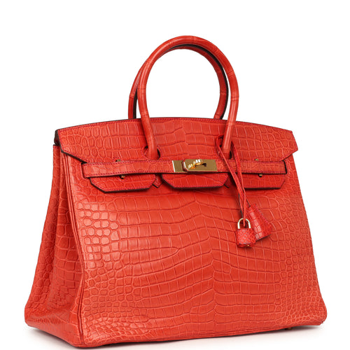Pre-owned Hermes Birkin 35 Geranium Matte Porosus Crocodile Gold Hardware