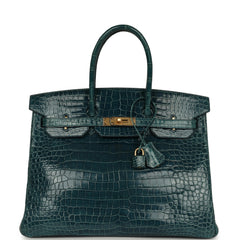 Pre-owned Hermes Birkin 35 Colvert Shiny Porosus Crocodile Gold Hardware