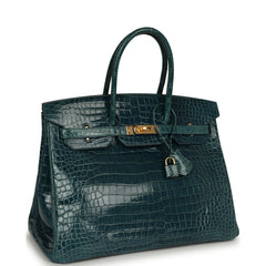 Pre-owned Hermes Birkin 35 Colvert Shiny Porosus Crocodile Gold Hardware
