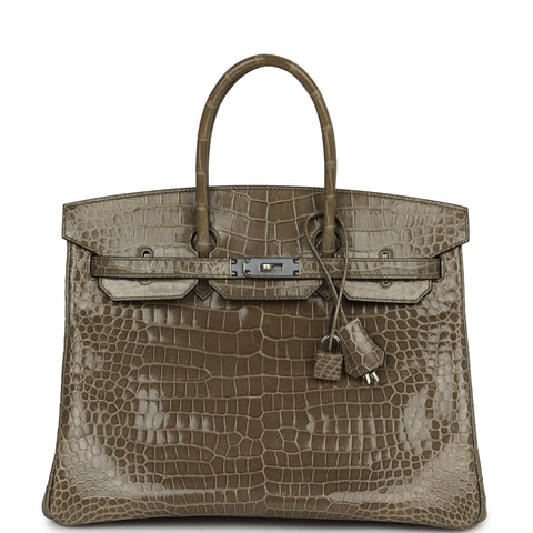 Hermes Birkin 35 Gris Tourterelle Shiny Porosus Crocodile Palladium Hardware