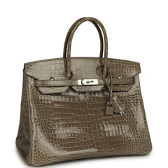 Hermes Birkin 35 Gris Tourterelle Shiny Porosus Crocodile Palladium Hardware