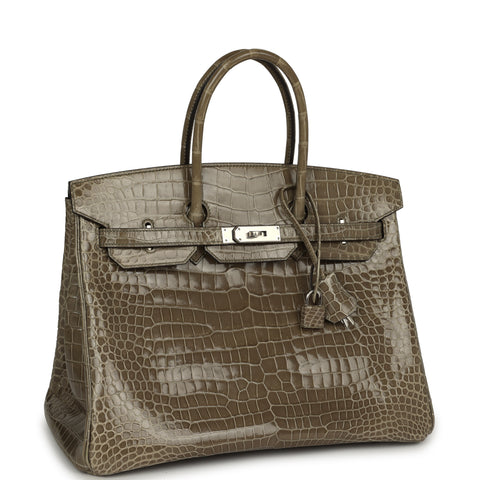Hermes Birkin 35 Gris Tourterelle Shiny Porosus Crocodile Palladium Hardware