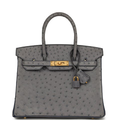 Hermes Special Order (HSS) Birkin 30 Gris Agate, Bleu Iris Ostrich Brushed Gold Hardware