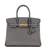 Hermes Special Order (HSS) Birkin 30 Gris Agate, Bleu Iris Ostrich Brushed Gold Hardware - Thumbnail View 1