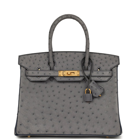 Hermes Special Order (HSS) Birkin 30 Gris Agate, Bleu Iris Ostrich Brushed Gold Hardware