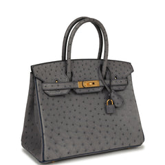 Hermes Special Order (HSS) Birkin 30 Gris Agate, Bleu Iris Ostrich Brushed Gold Hardware