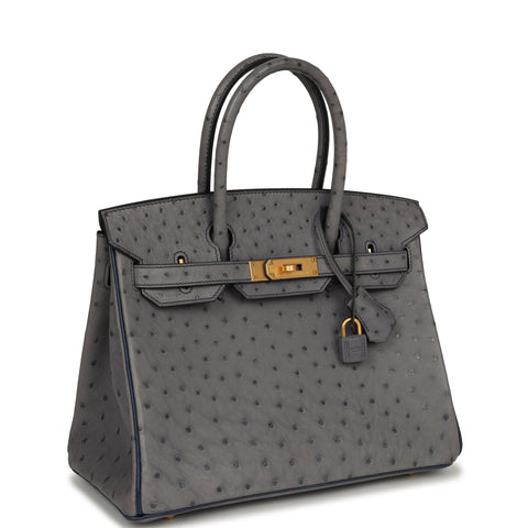 Hermes Special Order (HSS) Birkin 30 Gris Agate, Bleu Iris Ostrich Brushed Gold Hardware