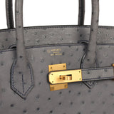Hermes Special Order (HSS) Birkin 30 Gris Agate, Bleu Iris Ostrich Brushed Gold Hardware - Thumbnail View 7