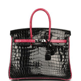 Vintage Hermes Birkin 25 Black, Fuschia Shiny Niloticus Crocodile Ruthenium Hardware - Thumbnail View 1