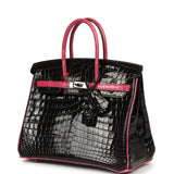 Vintage Hermes Birkin 25 Black, Fuschia Shiny Niloticus Crocodile Ruthenium Hardware - Thumbnail View 5