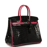 Vintage Hermes Birkin 25 Black, Fuschia Shiny Niloticus Crocodile Ruthenium Hardware - Thumbnail View 2