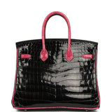 Vintage Hermes Birkin 25 Black, Fuschia Shiny Niloticus Crocodile Ruthenium Hardware - Thumbnail View 4
