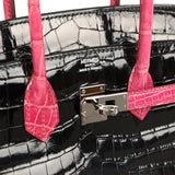 Vintage Hermes Birkin 25 Black, Fuschia Shiny Niloticus Crocodile Ruthenium Hardware - Thumbnail View 7