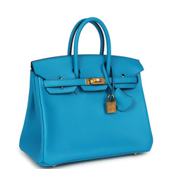 Pre-owned Hermes Birkin 25 Bleu Frida Swift Gold Hardware