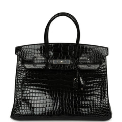 Hermes Birkin 35 Black Shiny Porosus Crocodile Palladium Hardware