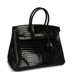 Hermes Birkin 35 Black Shiny Porosus Crocodile Palladium Hardware