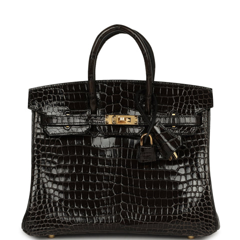 Hermes Birkin 25 Graphite Shiny Porosus Crocodile Gold Hardware